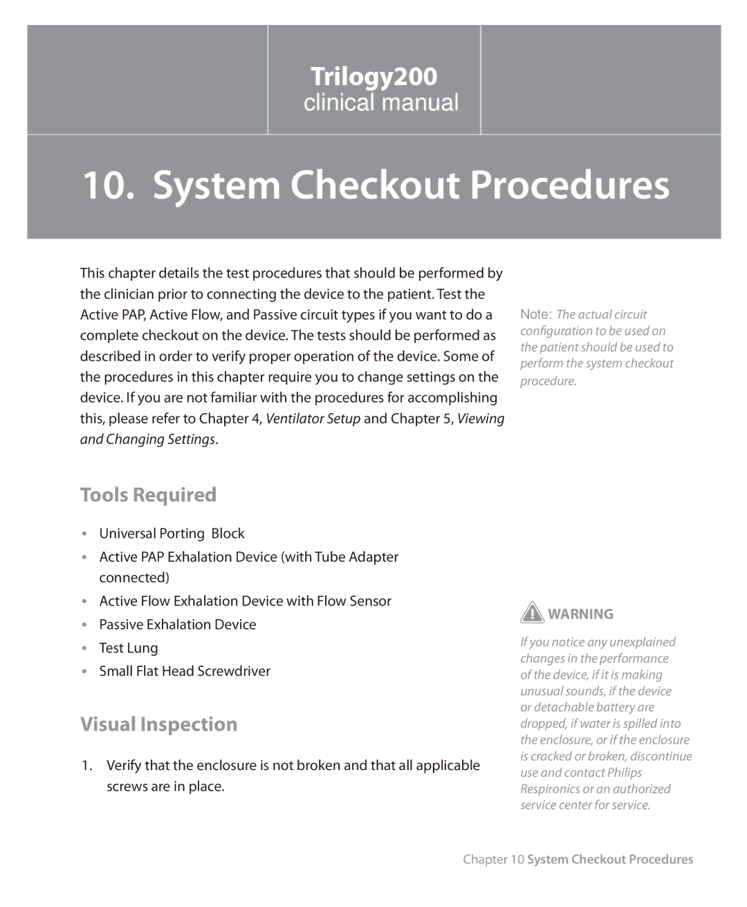 Philips Trilogy 200 manual System Checkout Procedures, Tools Required, Visual Inspection, 139 