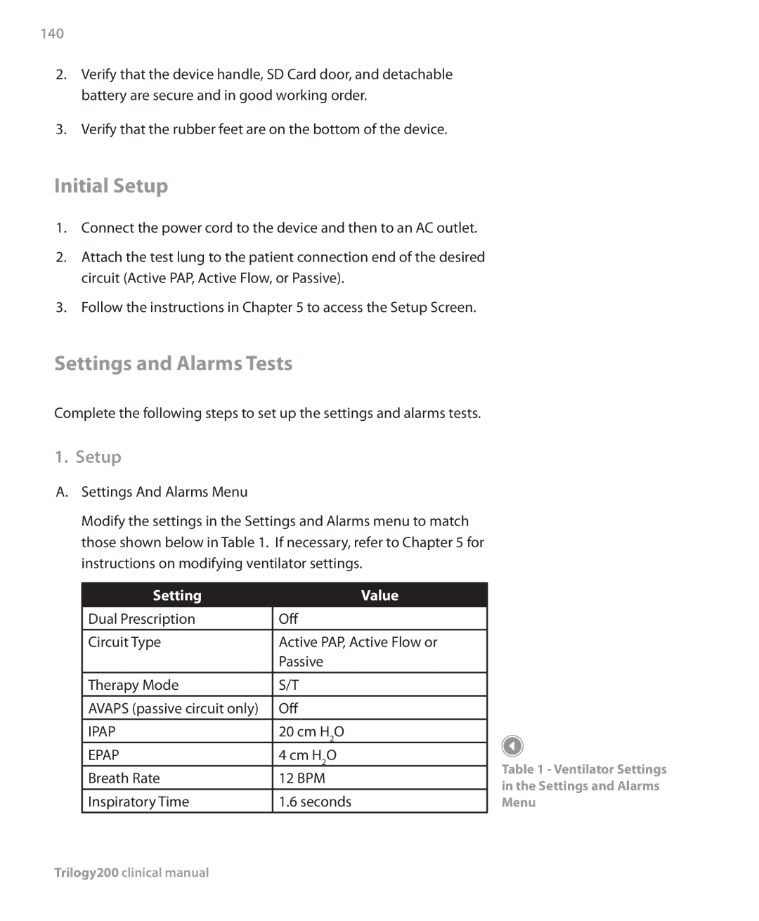 Philips Trilogy 200 manual Initial Setup, Settings and Alarms Tests, 140, Setting Value 