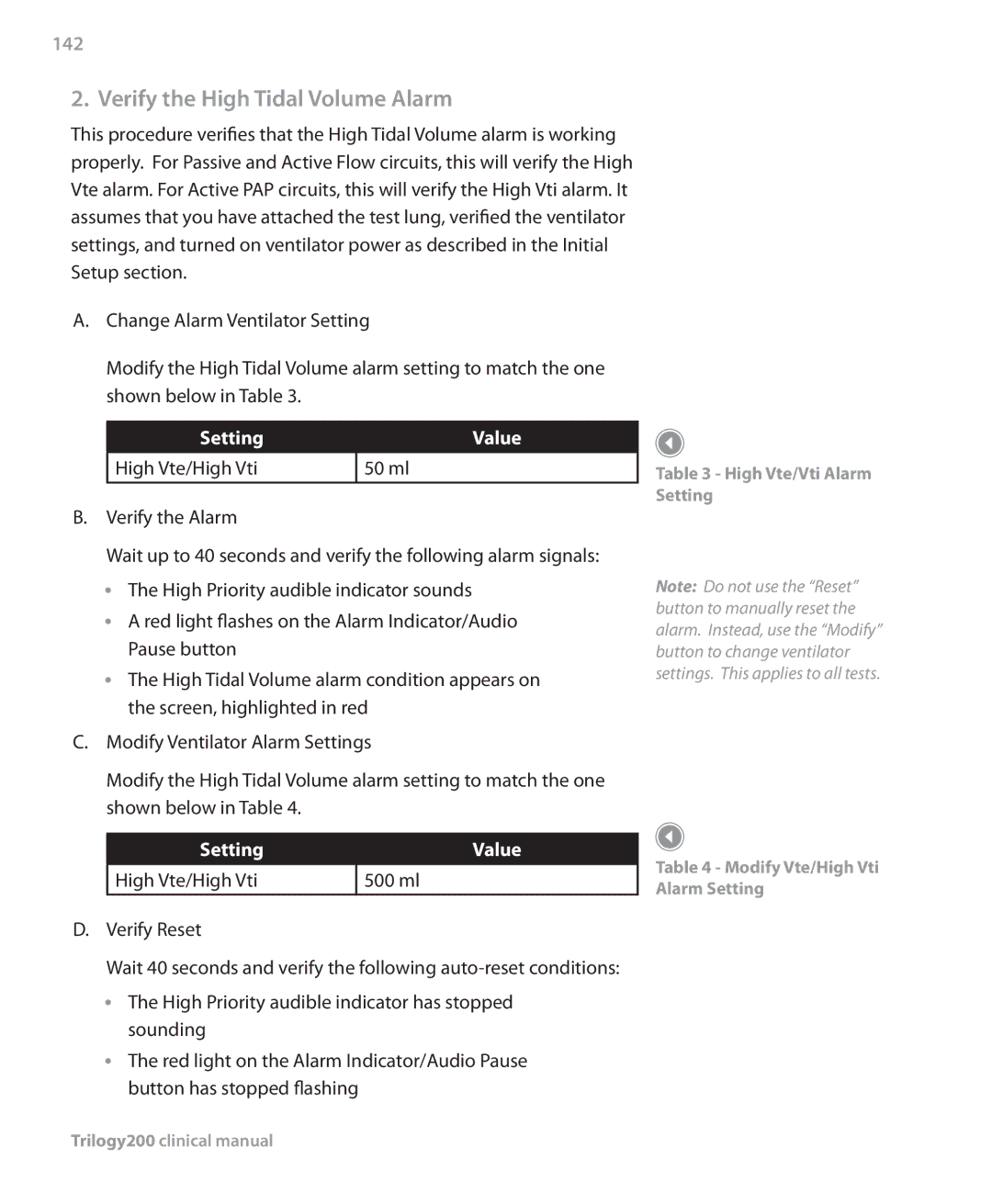 Philips Trilogy 200 manual Verify the High Tidal Volume Alarm, 142, Setting Value High Vte/High Vti 50 ml 