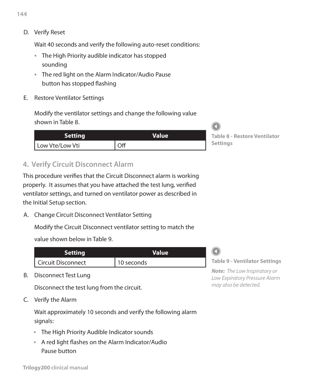 Philips Trilogy 200 manual Verify Circuit Disconnect Alarm, 144, Setting Value Low Vte/Low Vti Off 
