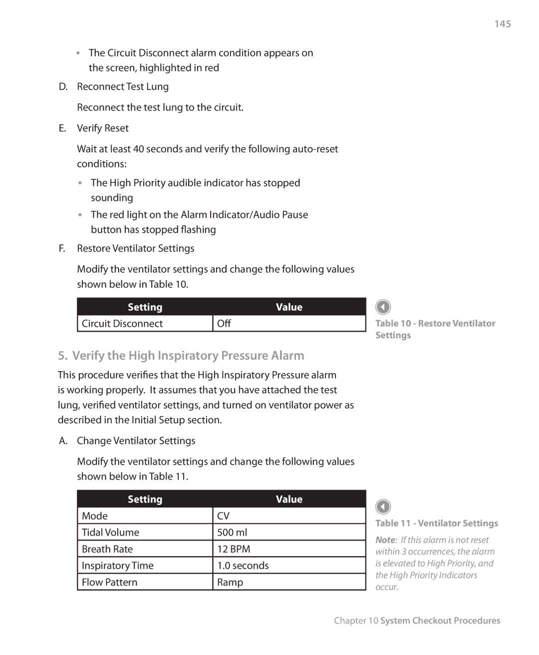 Philips Trilogy 200 manual Verify the High Inspiratory Pressure Alarm, Setting Value Circuit Disconnect Off, 145 