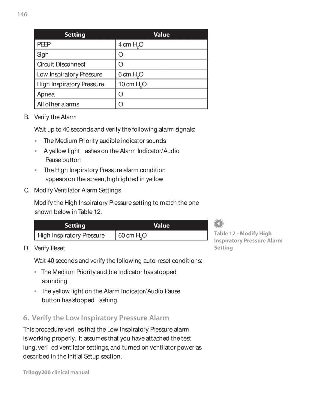 Philips Trilogy 200 manual Verify the Low Inspiratory Pressure Alarm, 146 