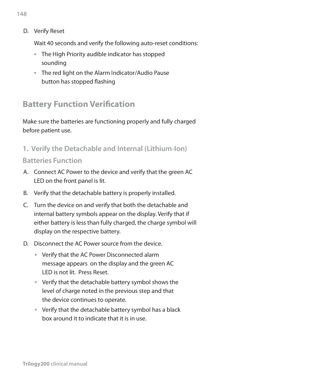 Philips Trilogy 200 manual Battery Function Verification, 148 