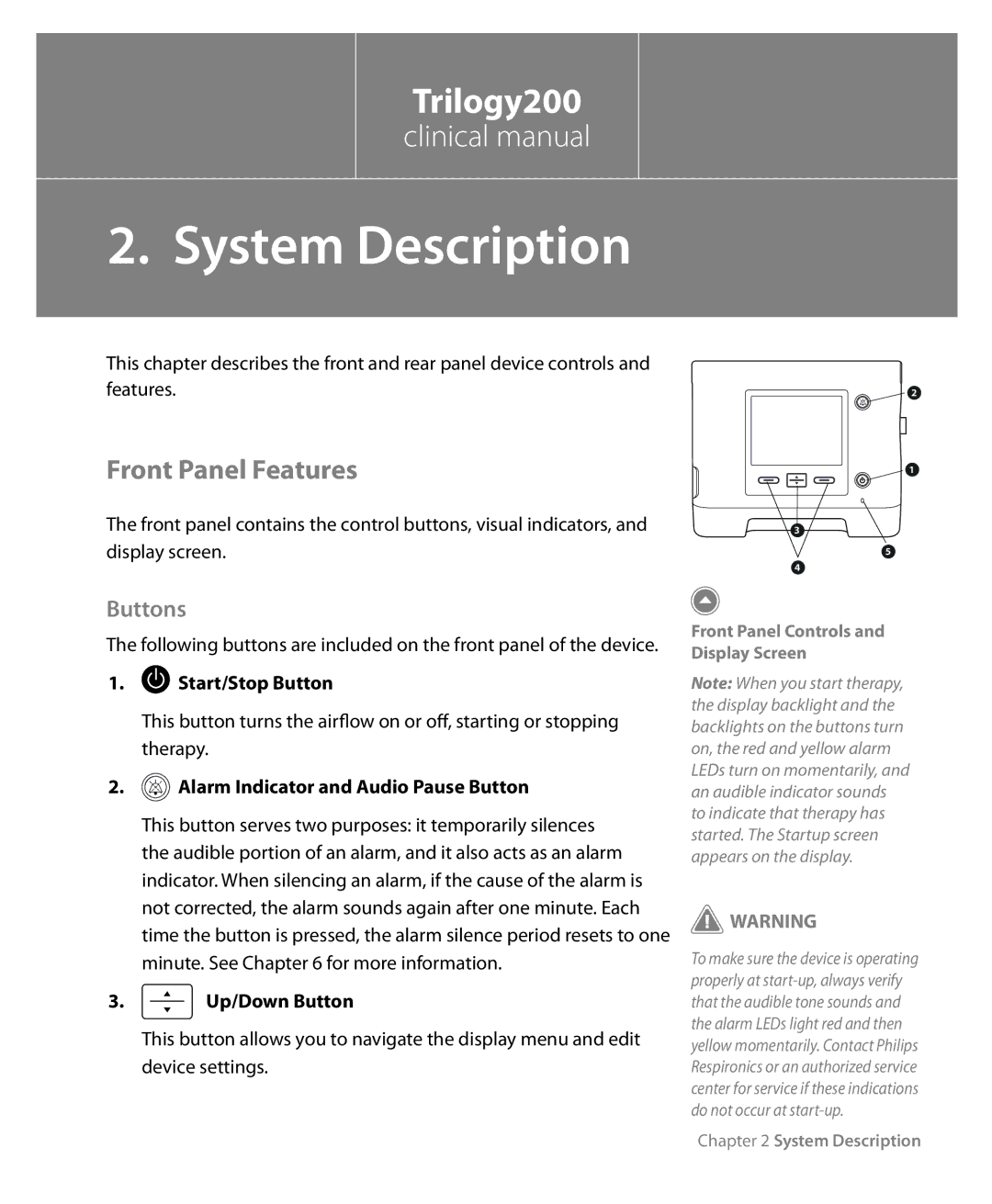 Philips Trilogy 200 manual System Description, Front Panel Features, Buttons 