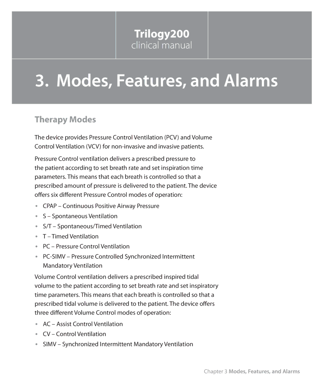 Philips Trilogy 200 manual Modes, Features, and Alarms, Therapy Modes 