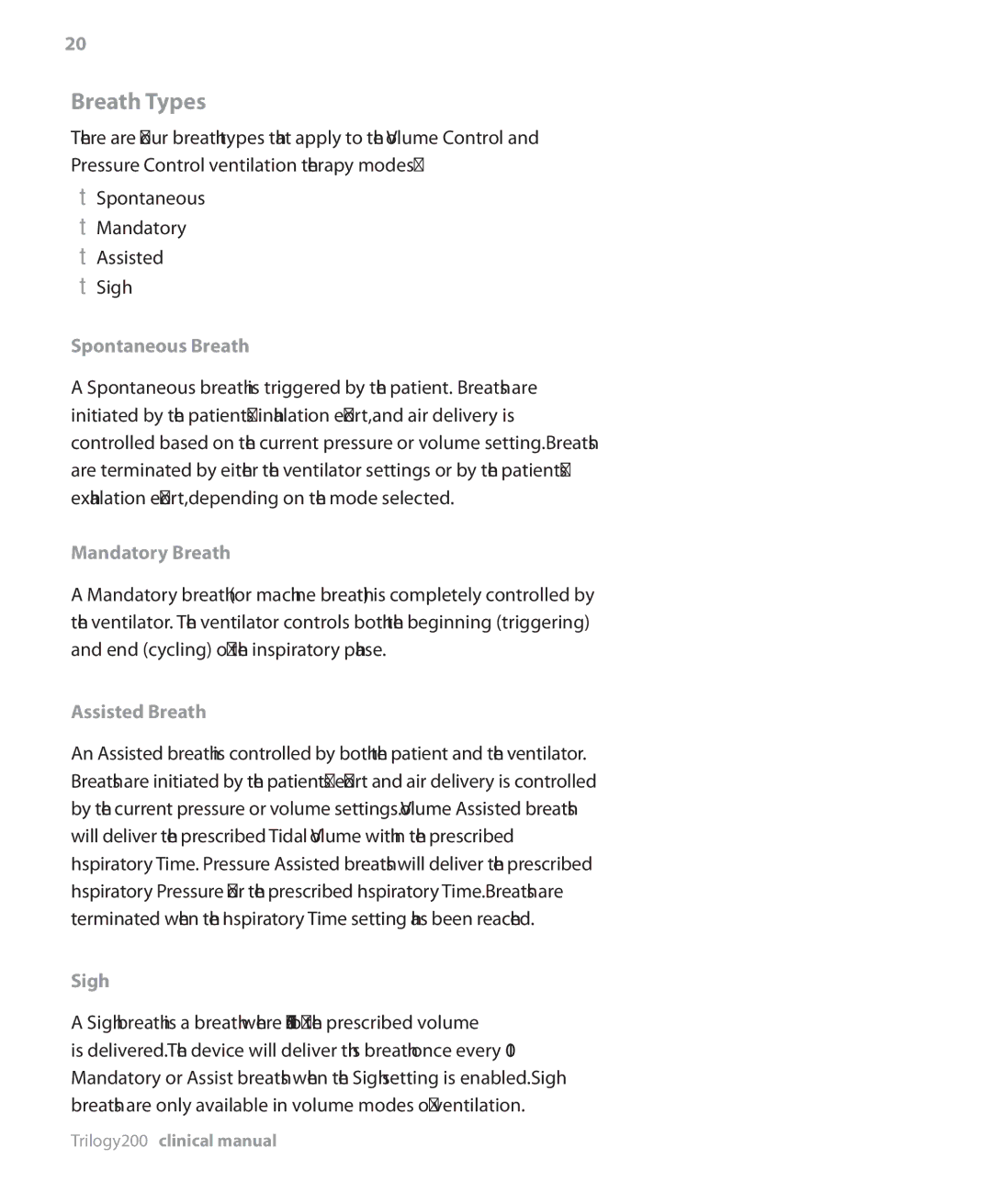 Philips Trilogy 200 manual Breath Types, Spontaneous Breath, Mandatory Breath, Assisted Breath, Sigh 
