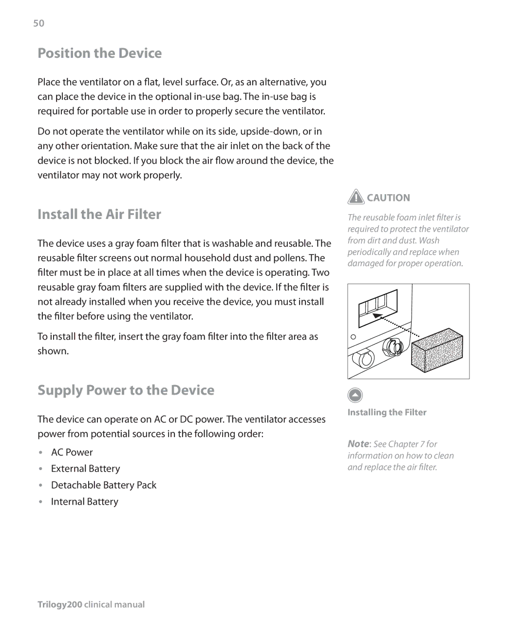 Philips Trilogy 200 manual Position the Device, Install the Air Filter, Supply Power to the Device 