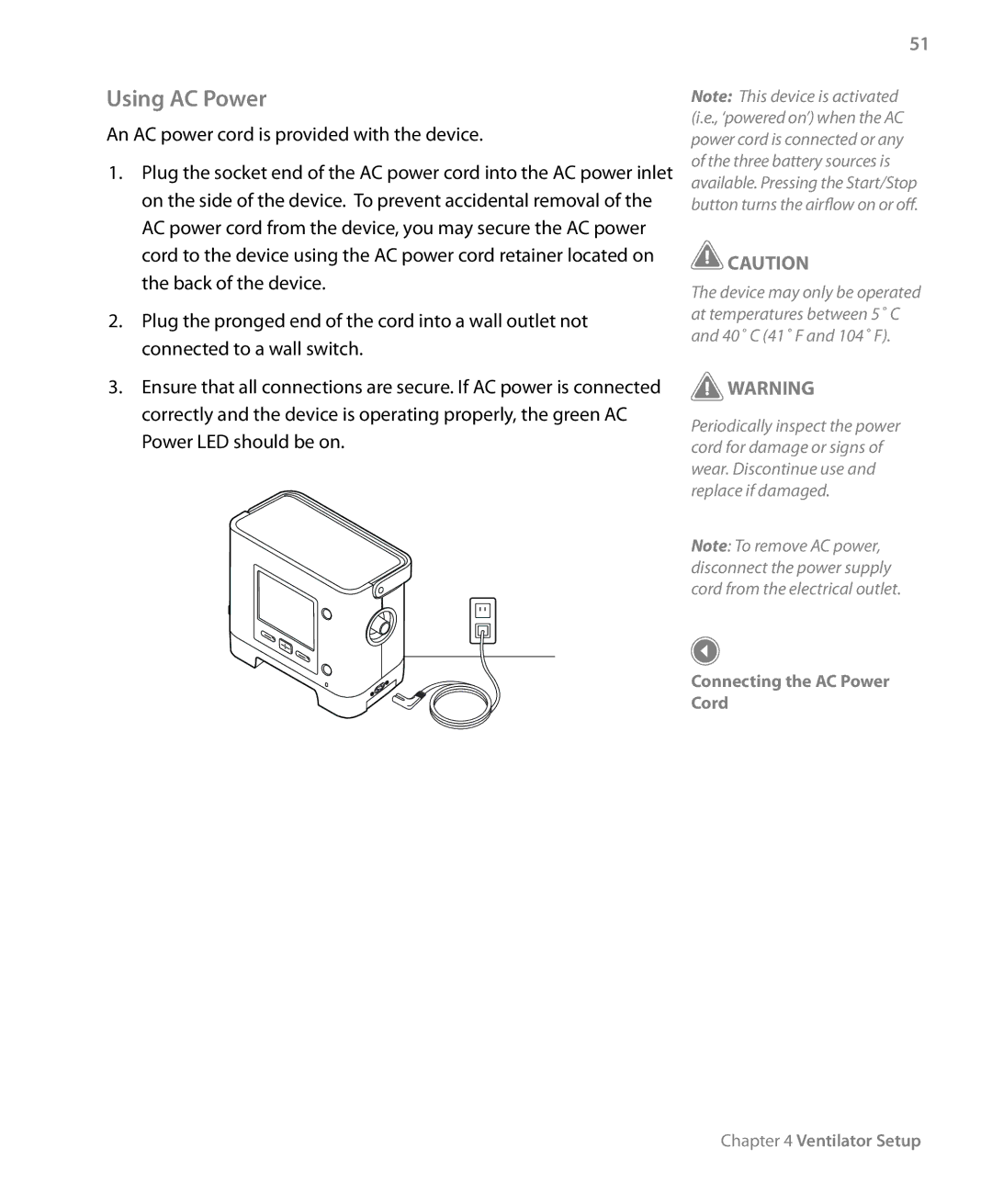 Philips Trilogy 200 manual Using AC Power, Connecting the AC Power Cord Ventilator Setup 