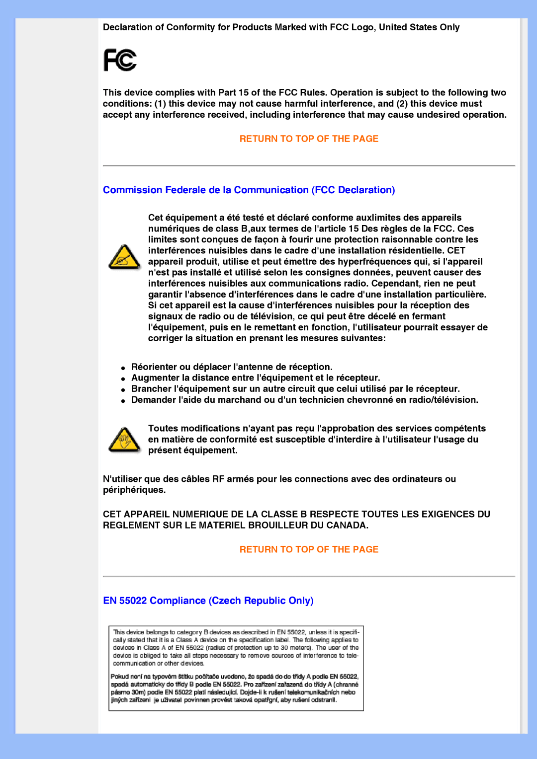 Philips 200AW8 user manual Commission Federale de la Communication FCC Declaration, EN 55022 Compliance Czech Republic Only 