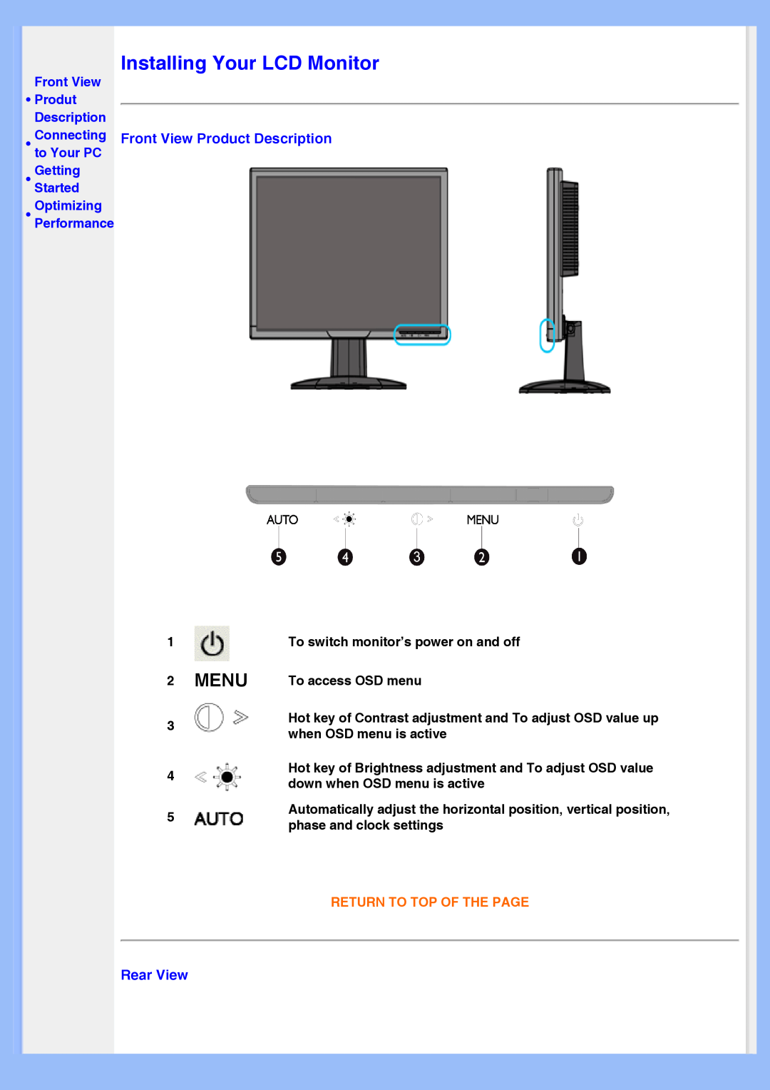 Philips 200AW8 Installing Your LCD Monitor, Menu, Front View Product Description, Rear View, Return To Top Of The Page 