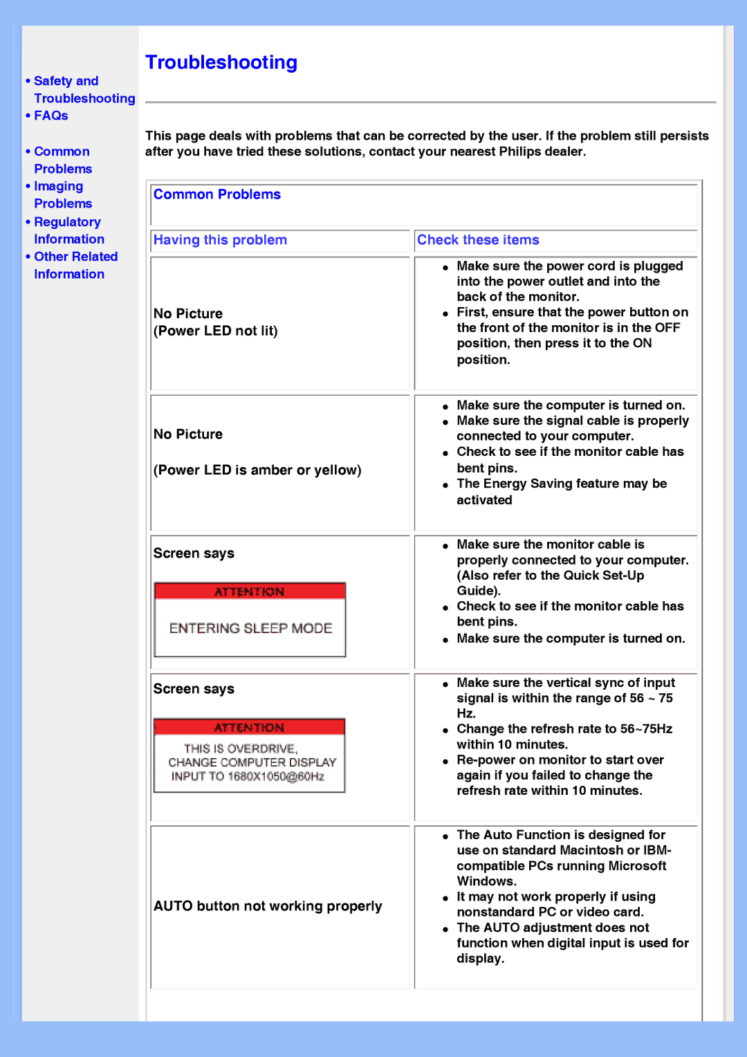 Philips 200AW8 user manual Common Problems, Screen says Auto button not working properly 