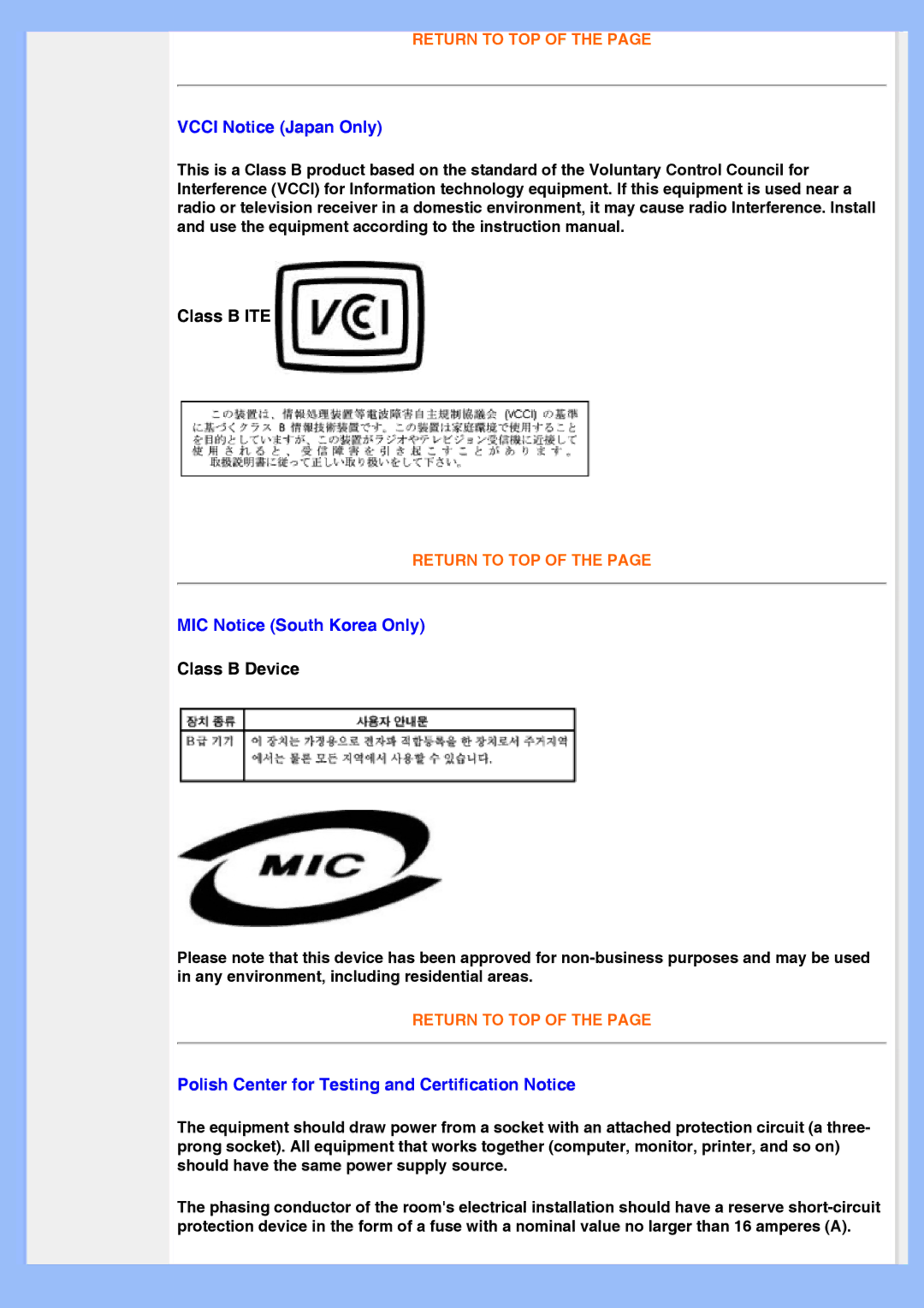 Philips 200AW8 user manual Vcci Notice Japan Only, Class B ITE, MIC Notice South Korea Only, Class B Device 