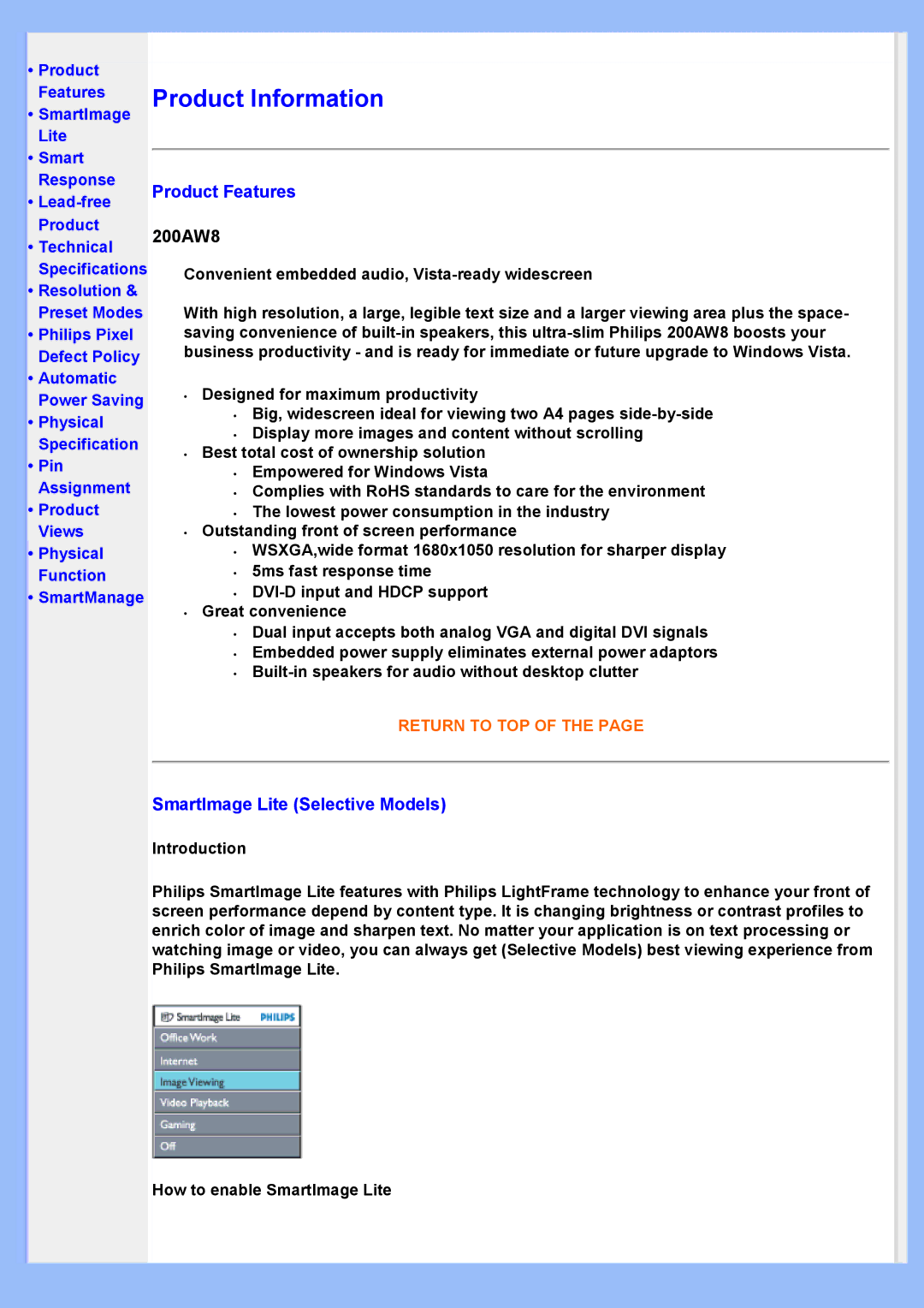 Philips 200AW8 user manual Product Features, SmartImage Lite Selective Models 