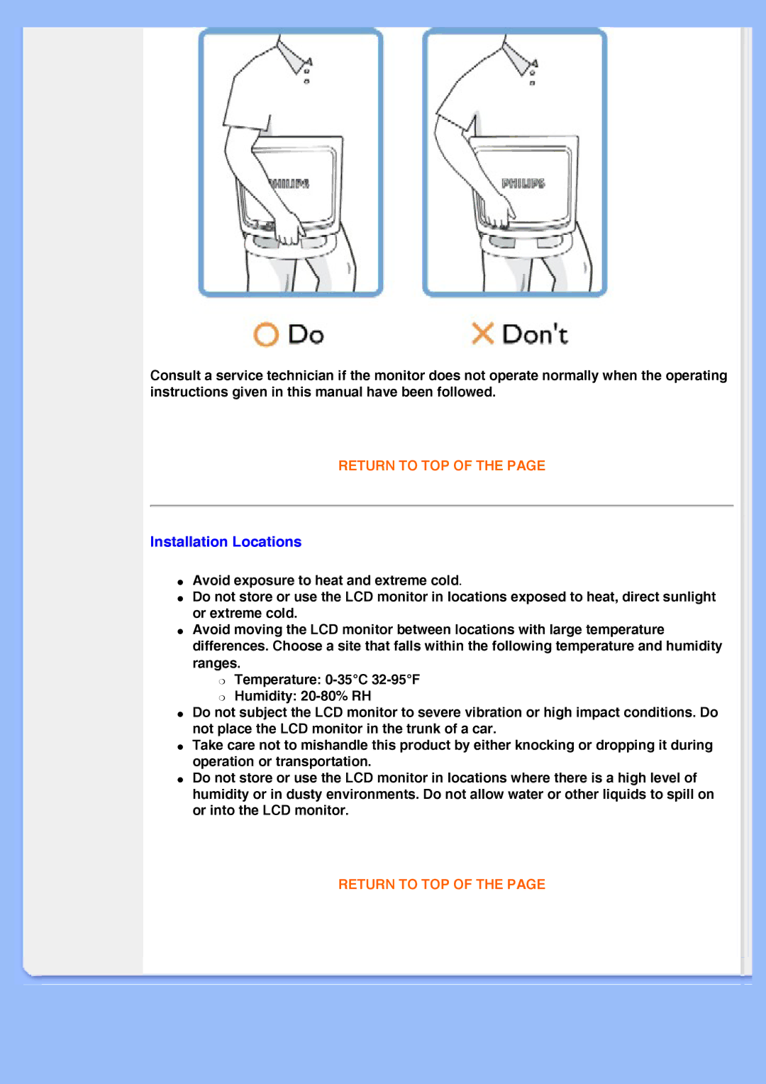 Philips 200AW8 user manual Installation Locations 