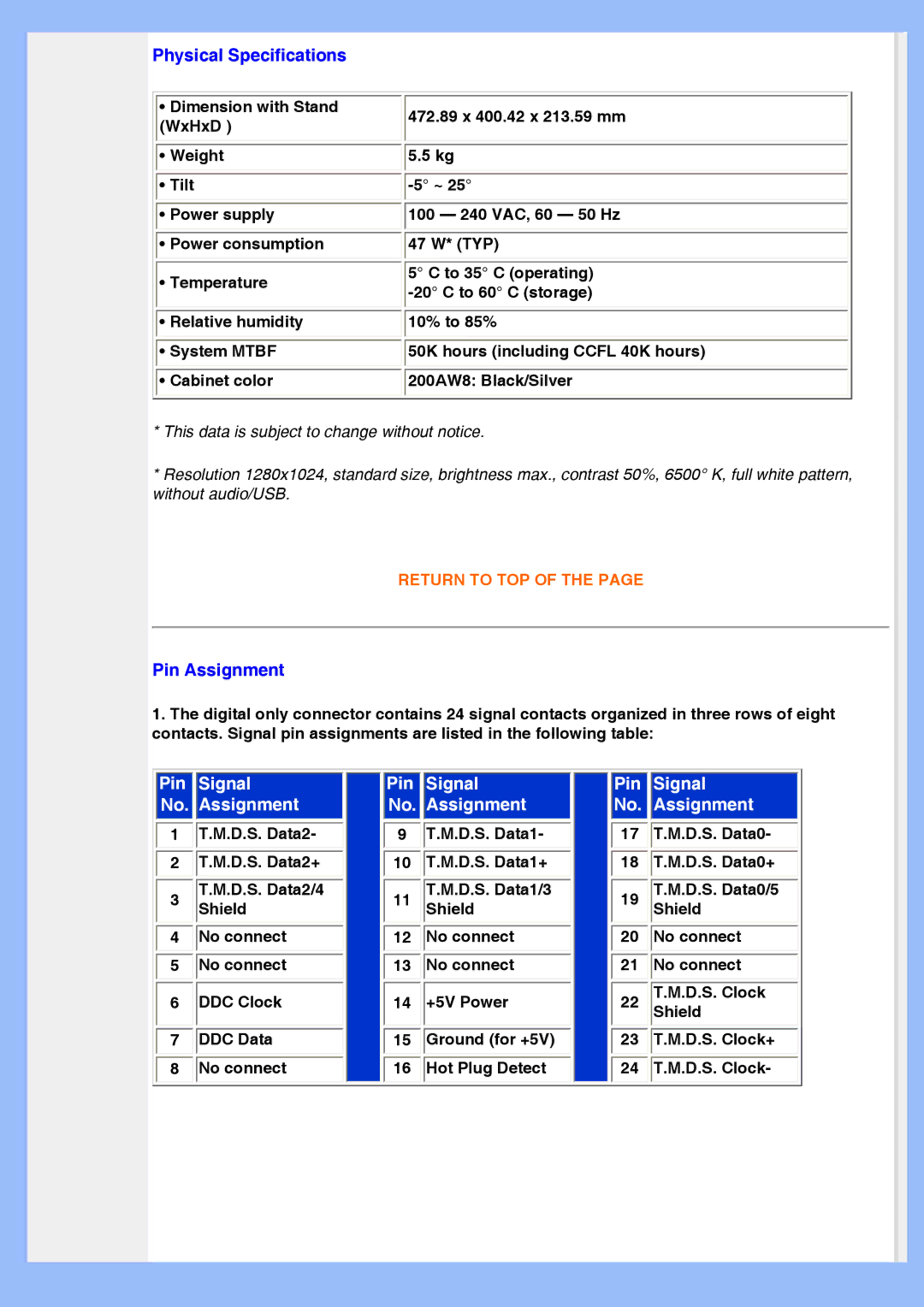 Philips 200AW8 user manual Physical Specifications, Pin Assignment 