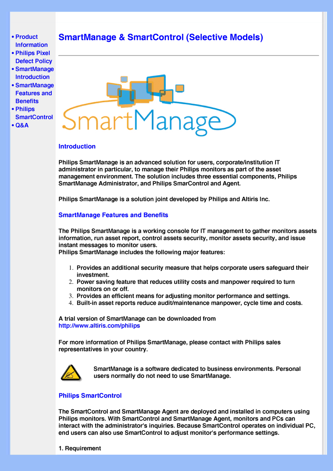 Philips 200AW8 user manual Introduction, SmartManage Features and Benefits, Philips SmartControl 