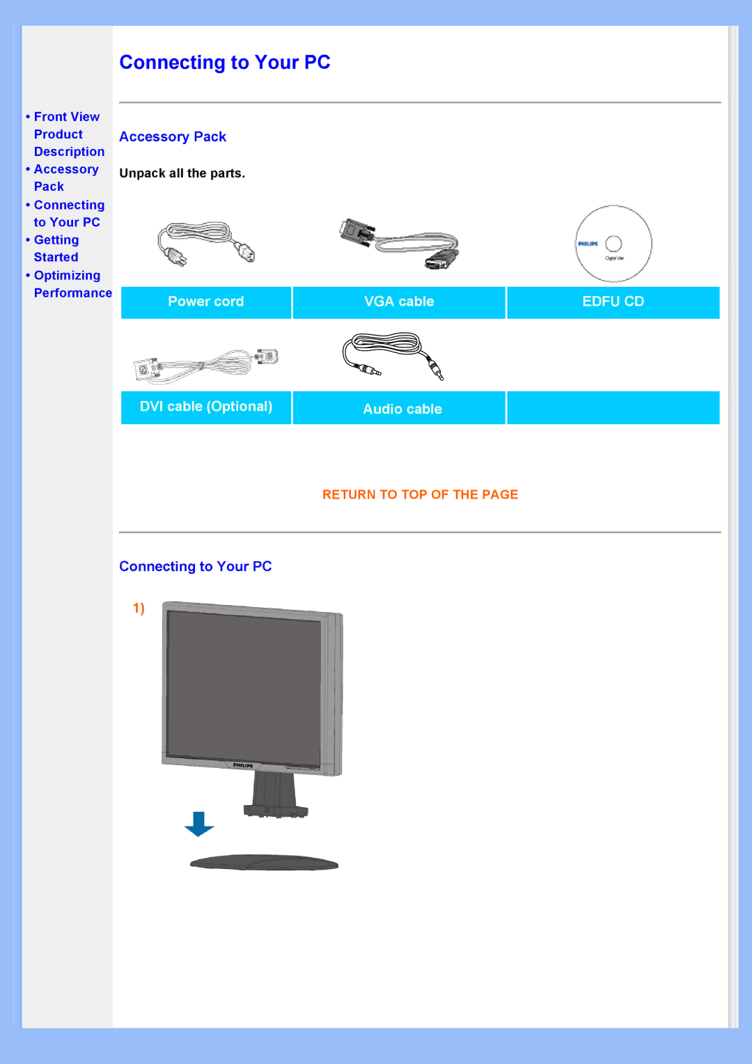 Philips 200AW8 user manual Accessory Pack, Connecting to Your PC 