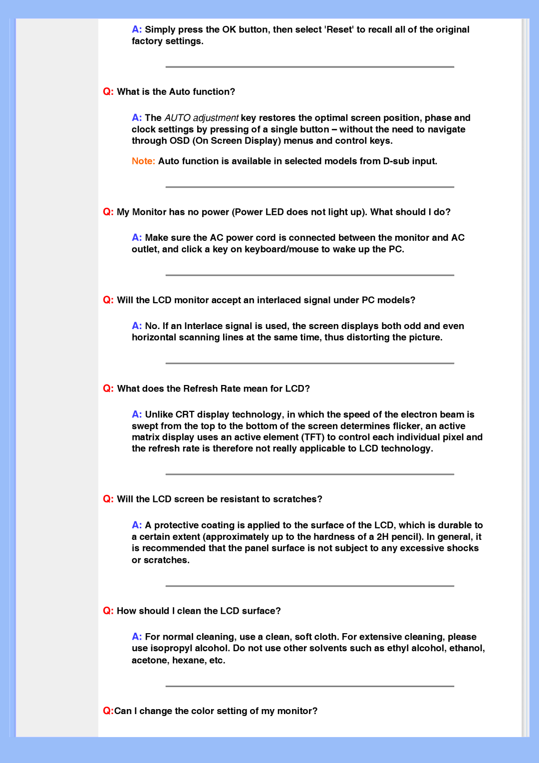 Philips 200AW8 user manual What does the Refresh Rate mean for LCD? 