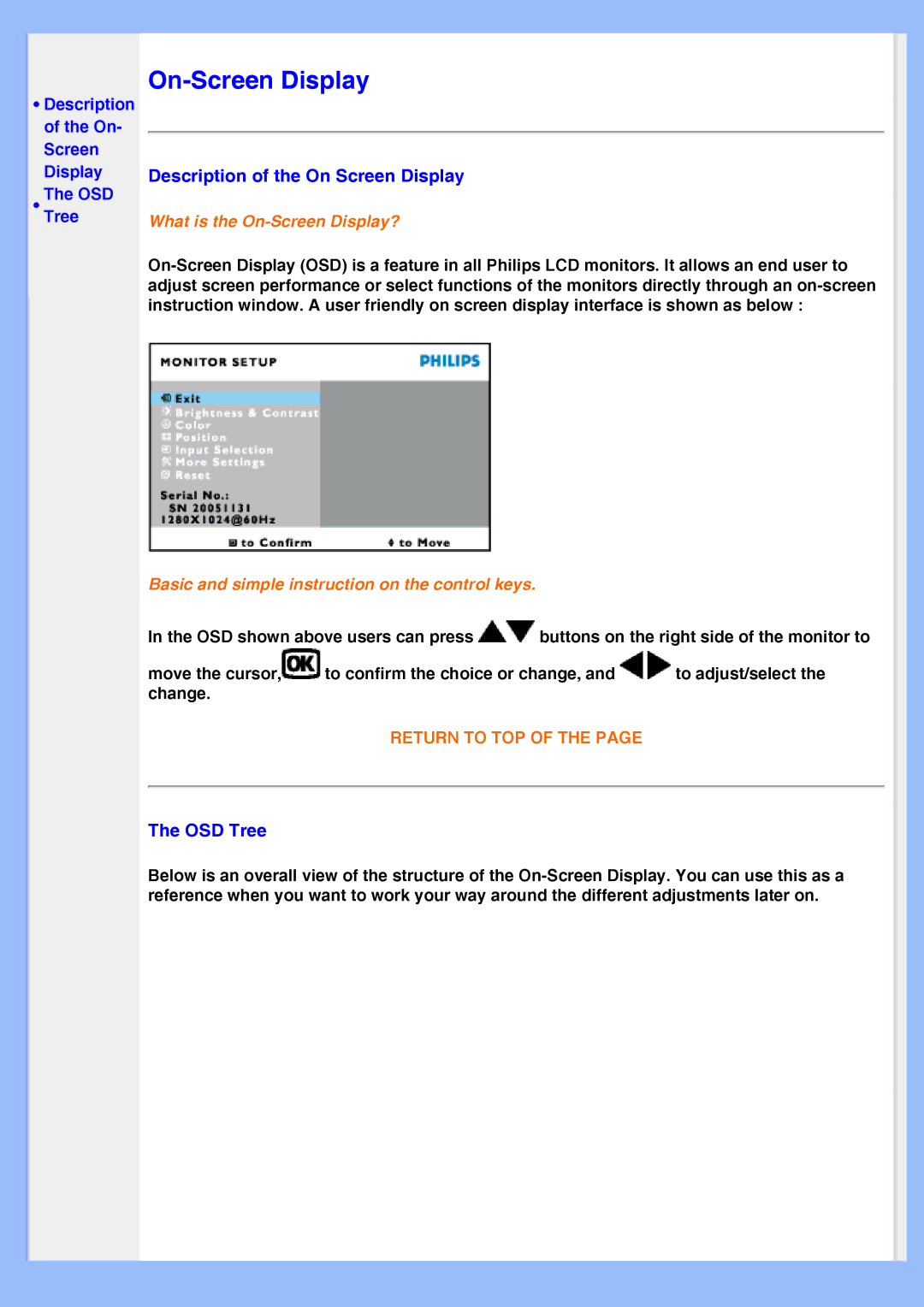 Philips 200AW8 user manual Description of the On Screen Display, OSD Tree 