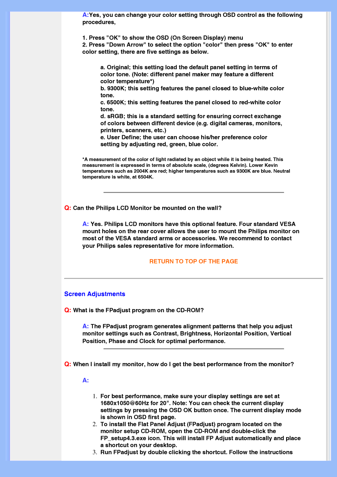 Philips 200AW8 user manual Screen Adjustments, Can the Philips LCD Monitor be mounted on the wall? 