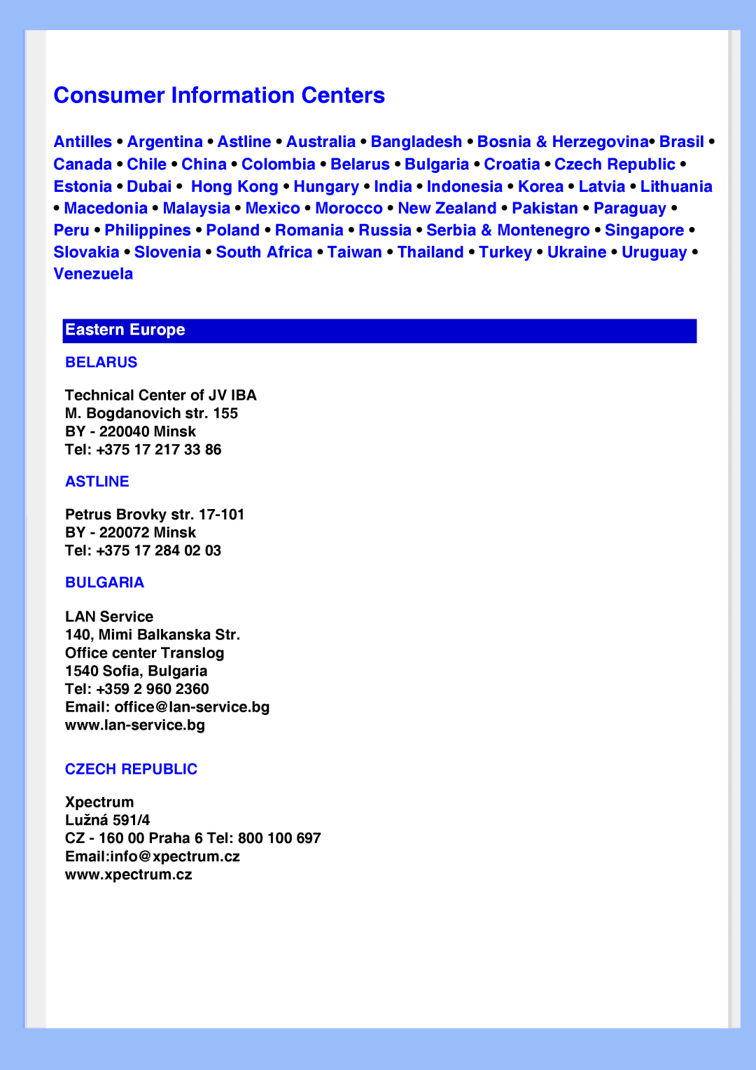 Philips 200AW8 user manual Consumer Information Centers 