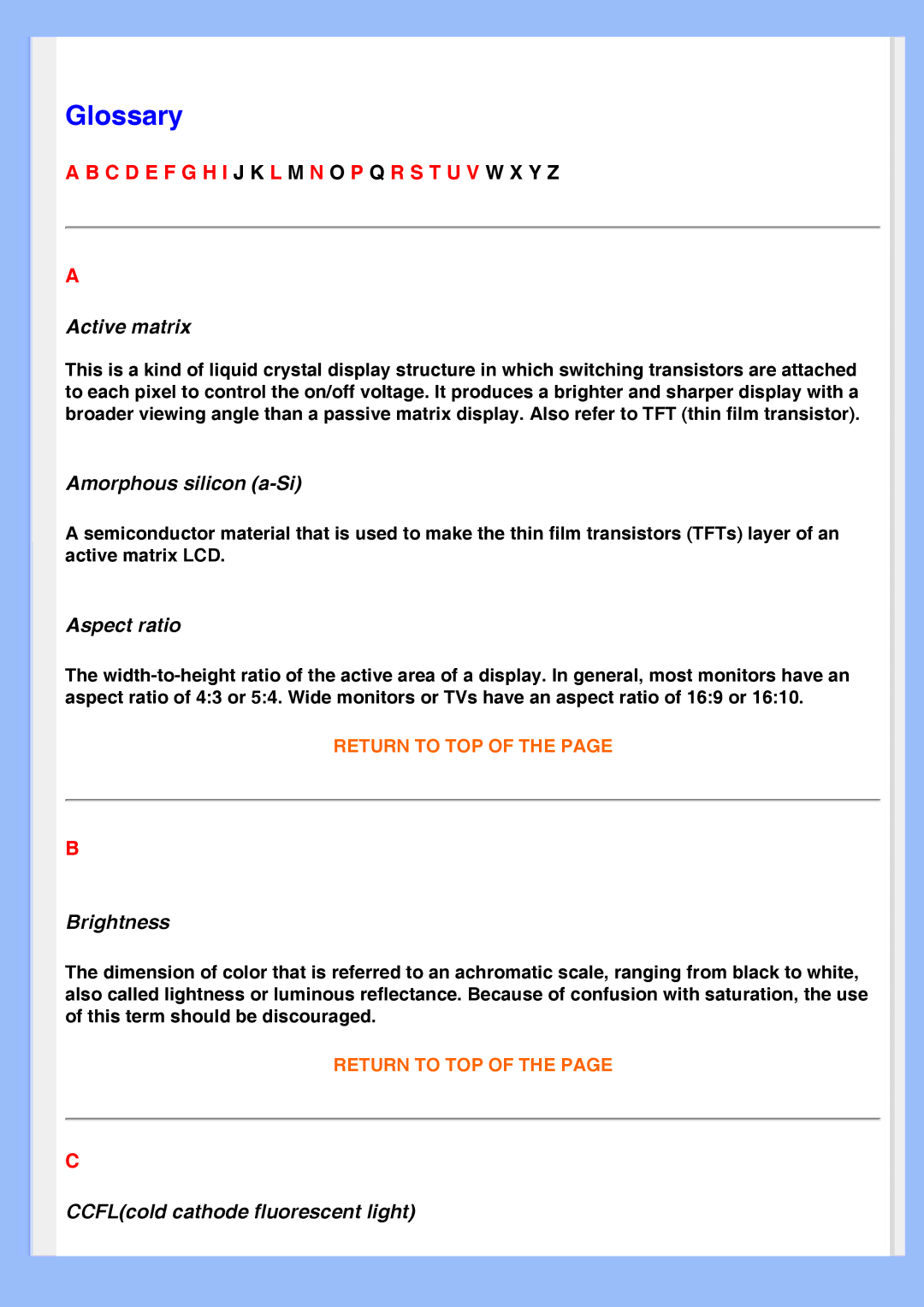 Philips 200AW8 user manual Glossary 