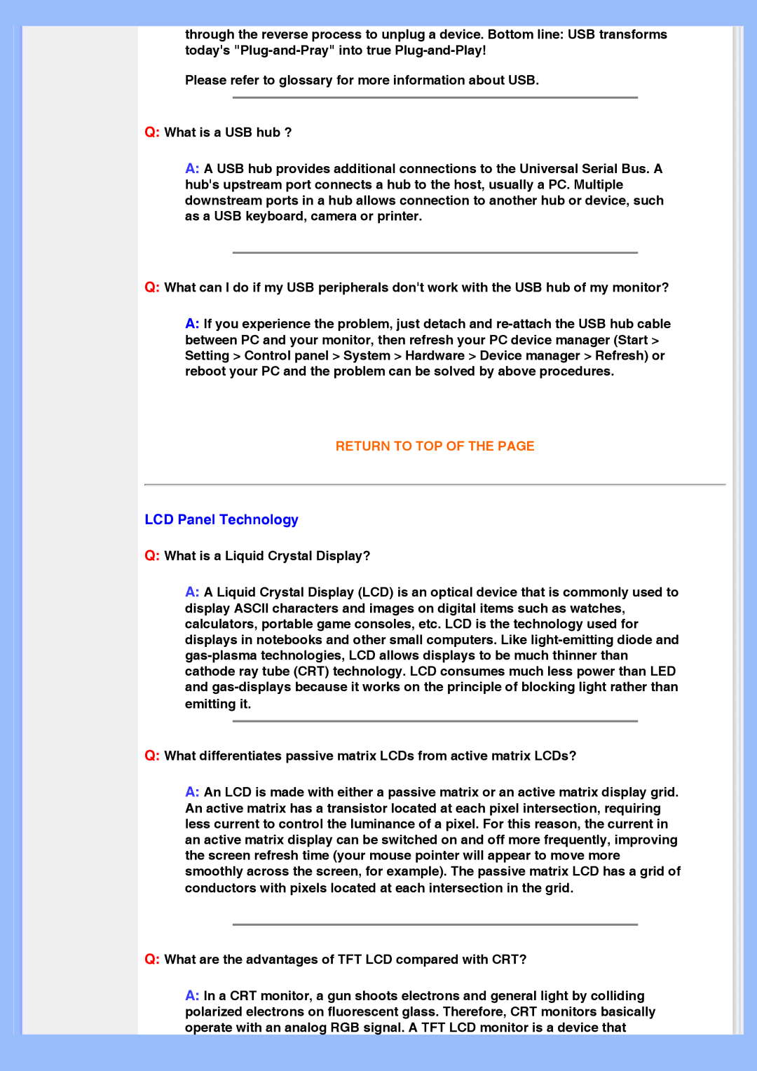 Philips 200AW8 user manual LCD Panel Technology, What are the advantages of TFT LCD compared with CRT? 