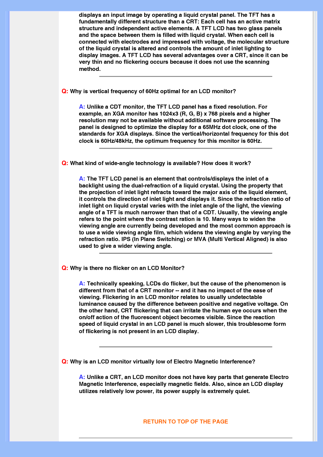 Philips 200AW8 user manual Why is there no flicker on an LCD Monitor? 