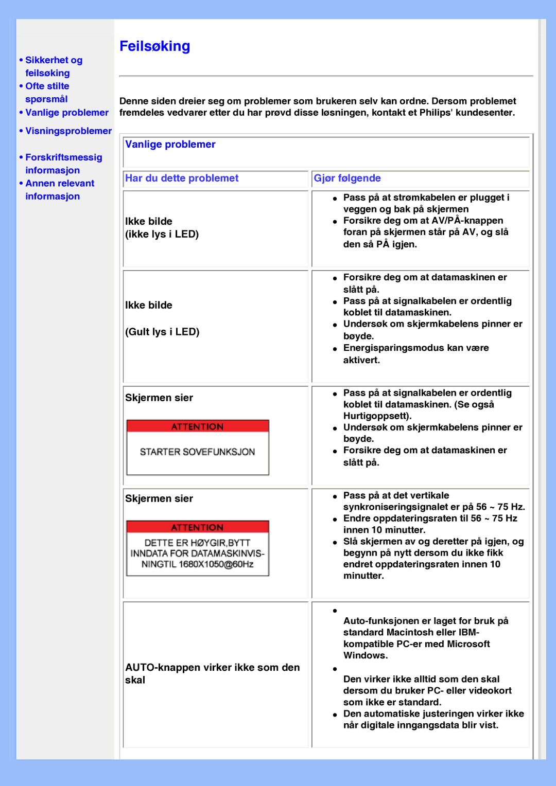 Philips 200AW8 user manual Feilsøking, Vanlige problemer 