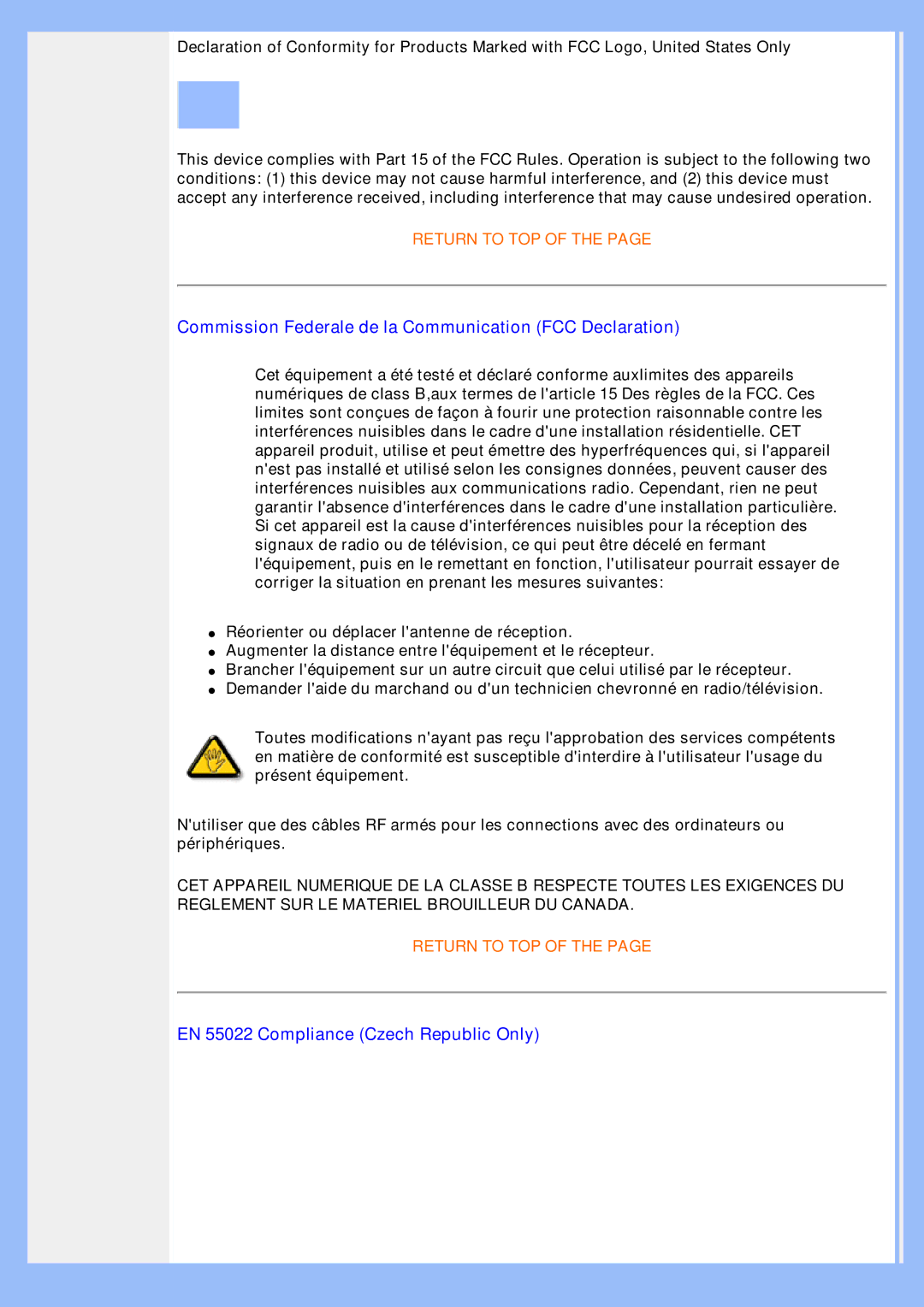 Philips 200AW8 user manual Commission Federale de la Communication FCC Declaration, EN 55022 Compliance Czech Republic Only 