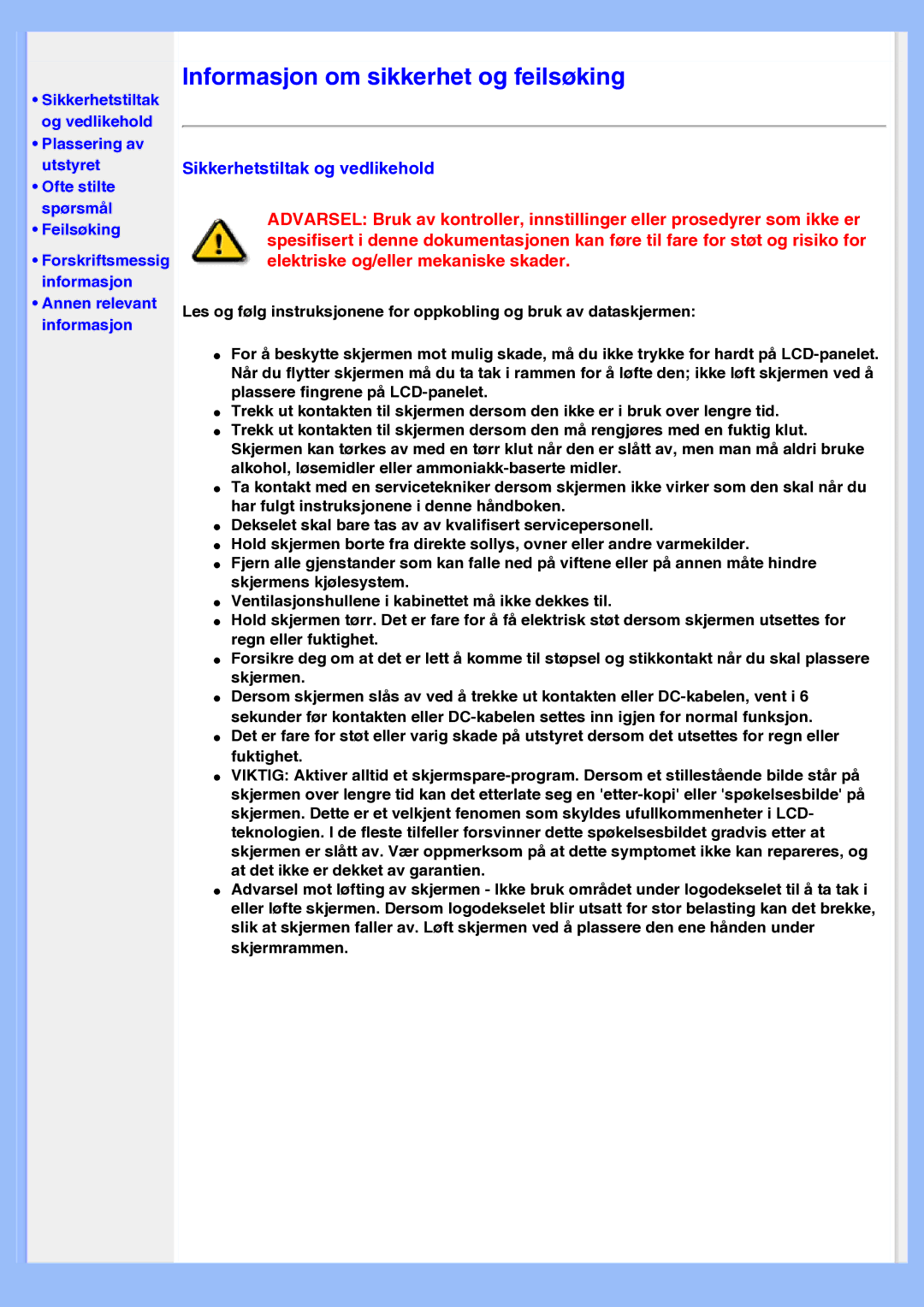 Philips 200AW8 user manual Informasjon om sikkerhet og feilsøking, Sikkerhetstiltak og vedlikehold 