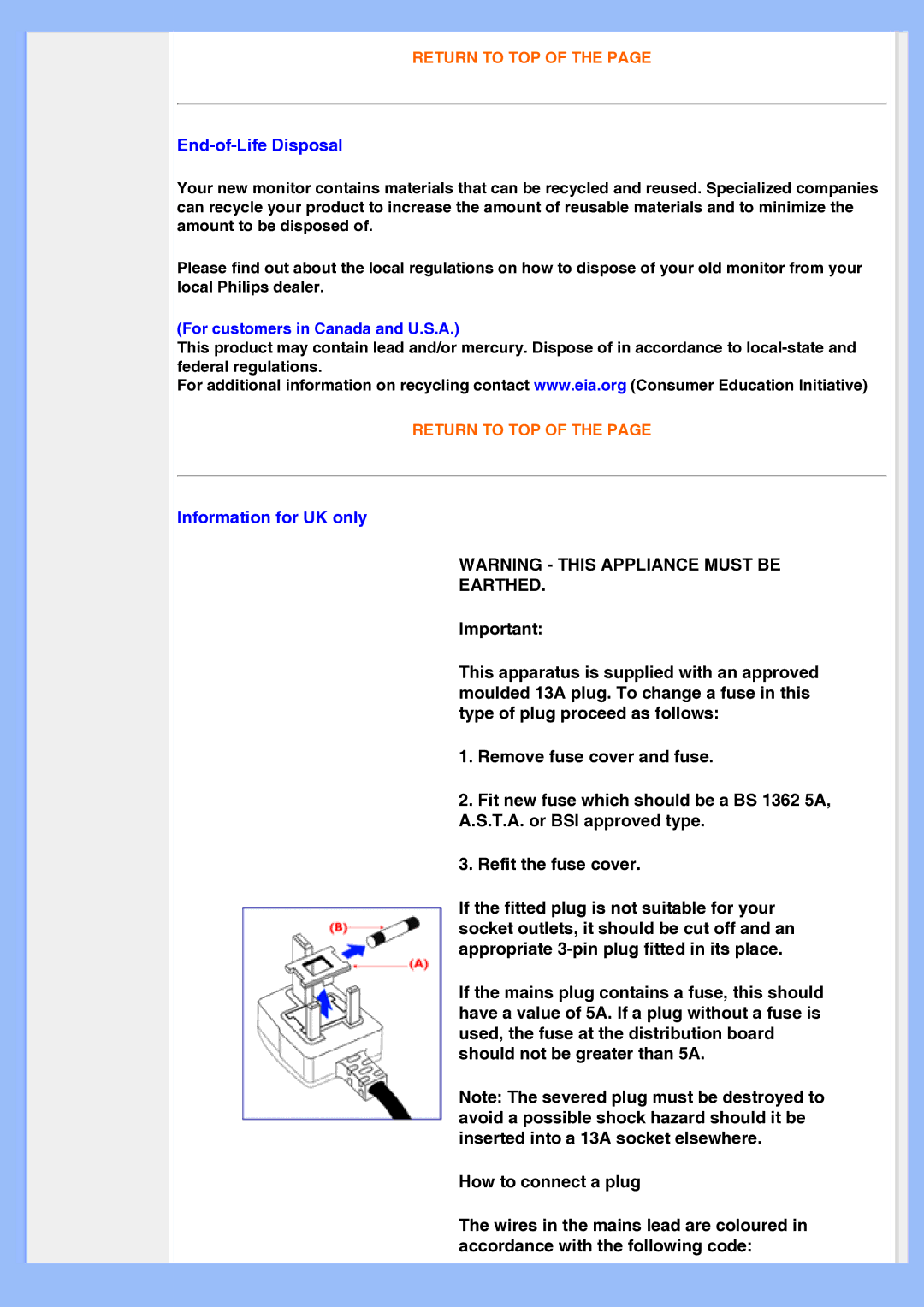 Philips 200AW8 user manual End-of-Life Disposal, Information for UK only 