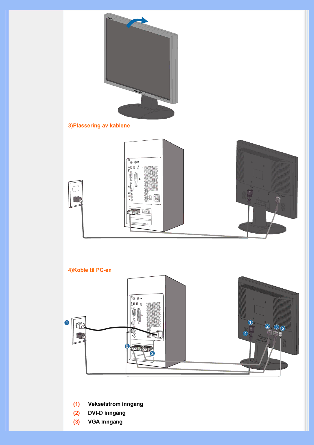 Philips 200AW8 user manual 3Plassering av kablene 4Koble til PC-en 