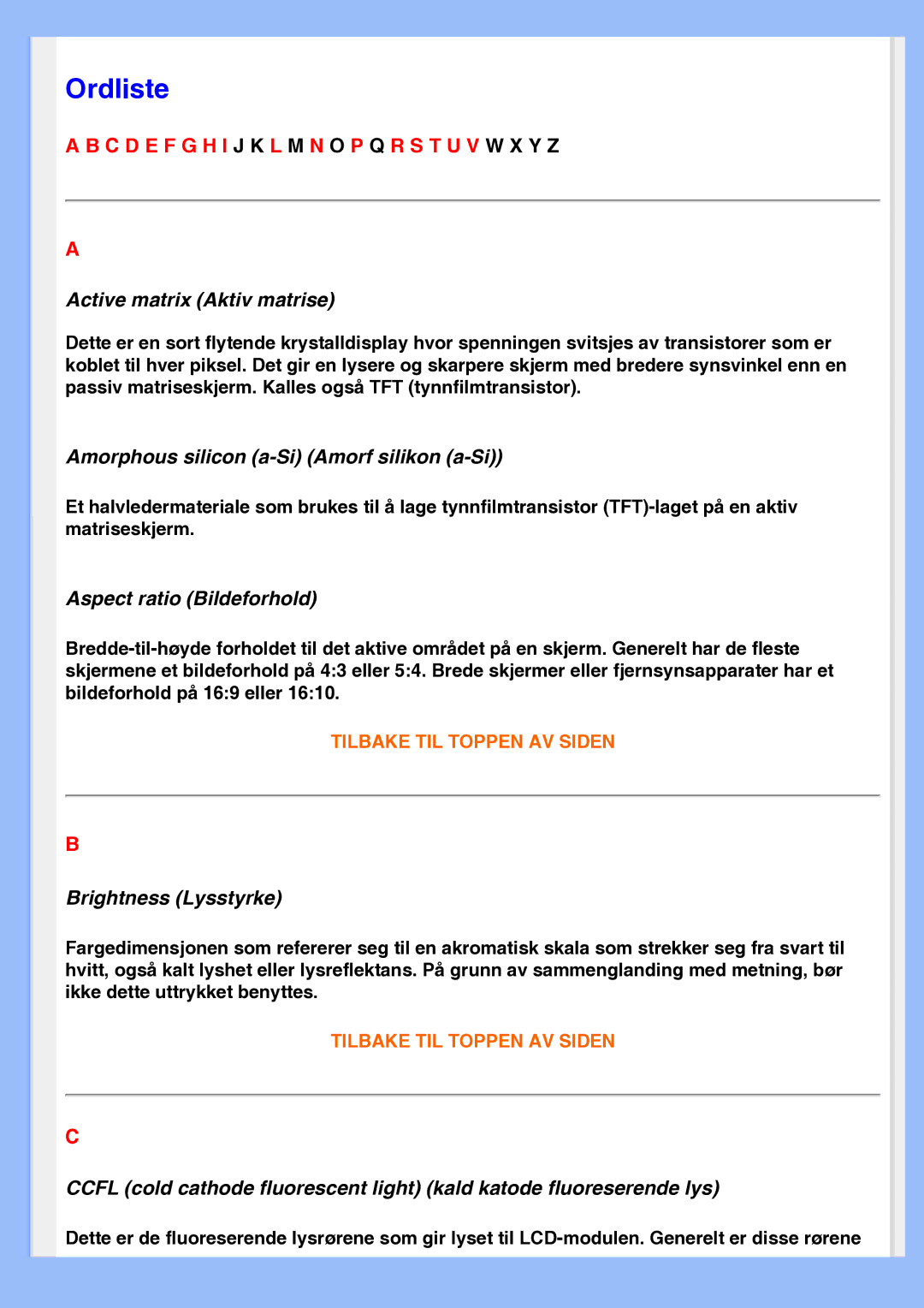 Philips 200AW8 user manual Ordliste 