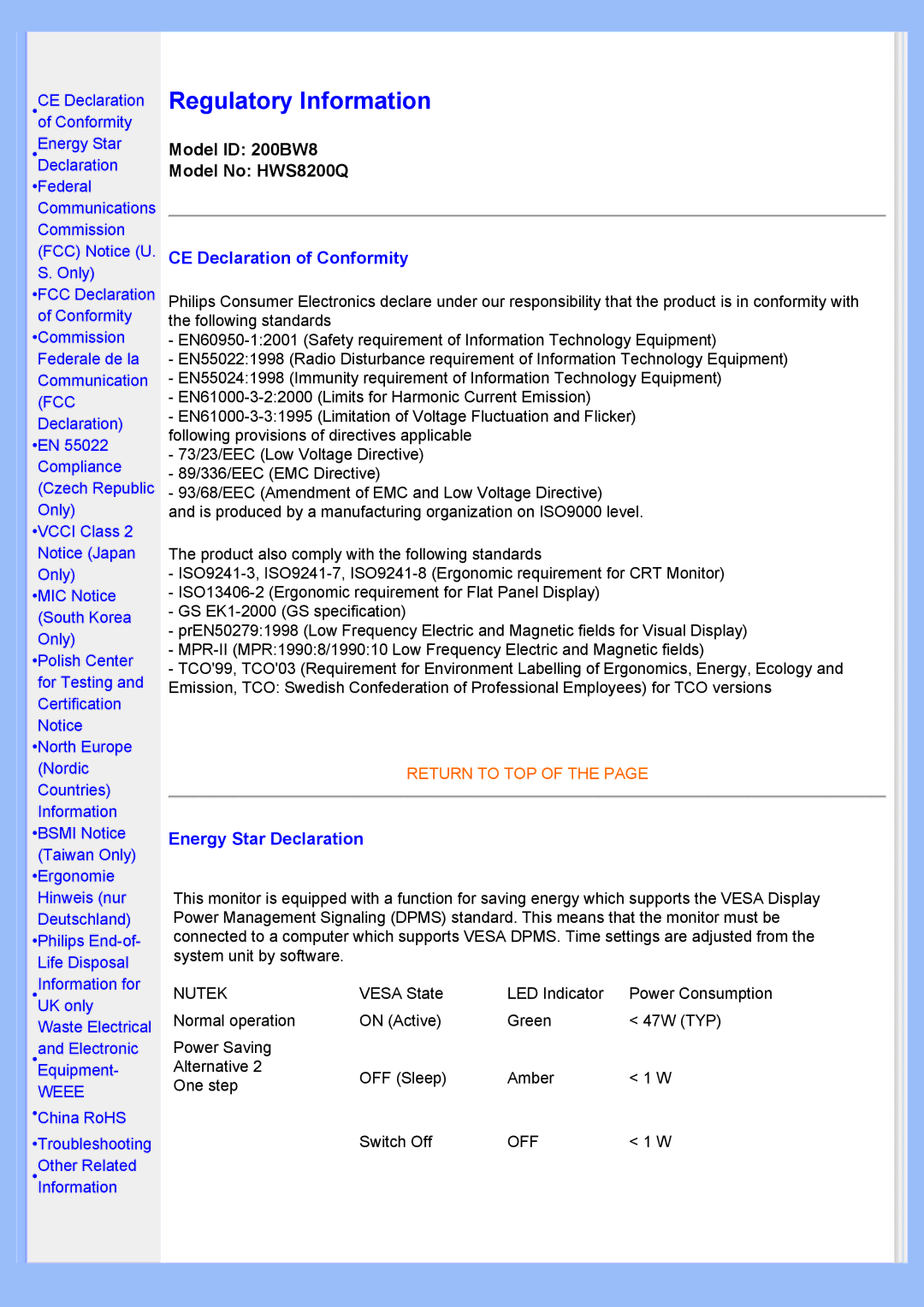 Philips 200BW user manual Regulatory Information 