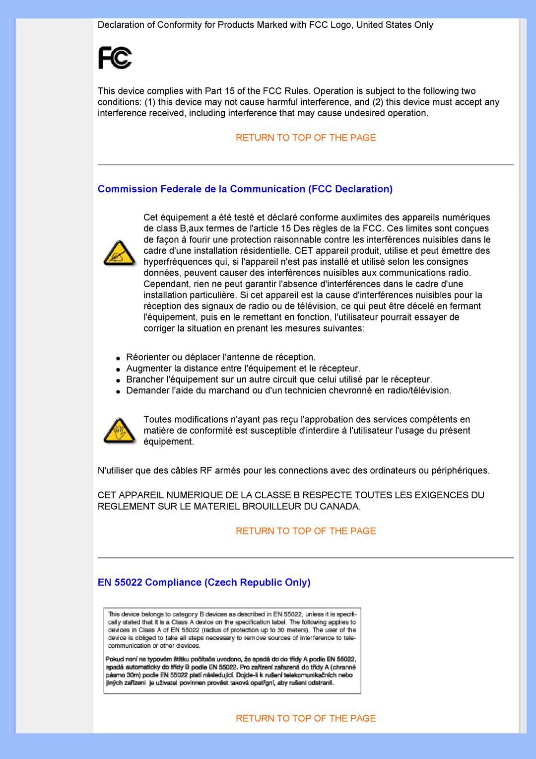 Philips 200BW user manual EN 55022 Compliance Czech Republic Only 