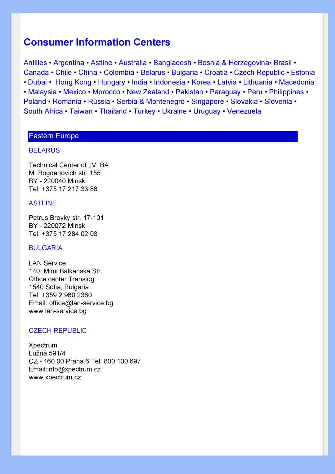 Philips 200BW user manual Consumer Information Centers 