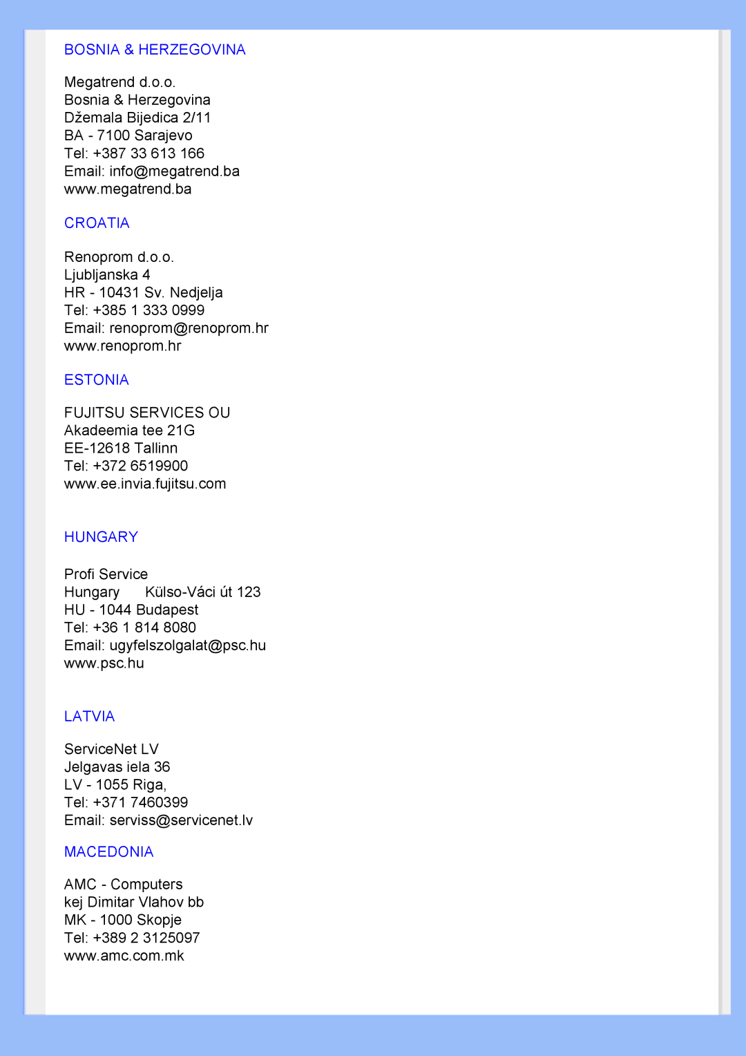 Philips 200BW user manual Bosnia & Herzegovina Croatia 