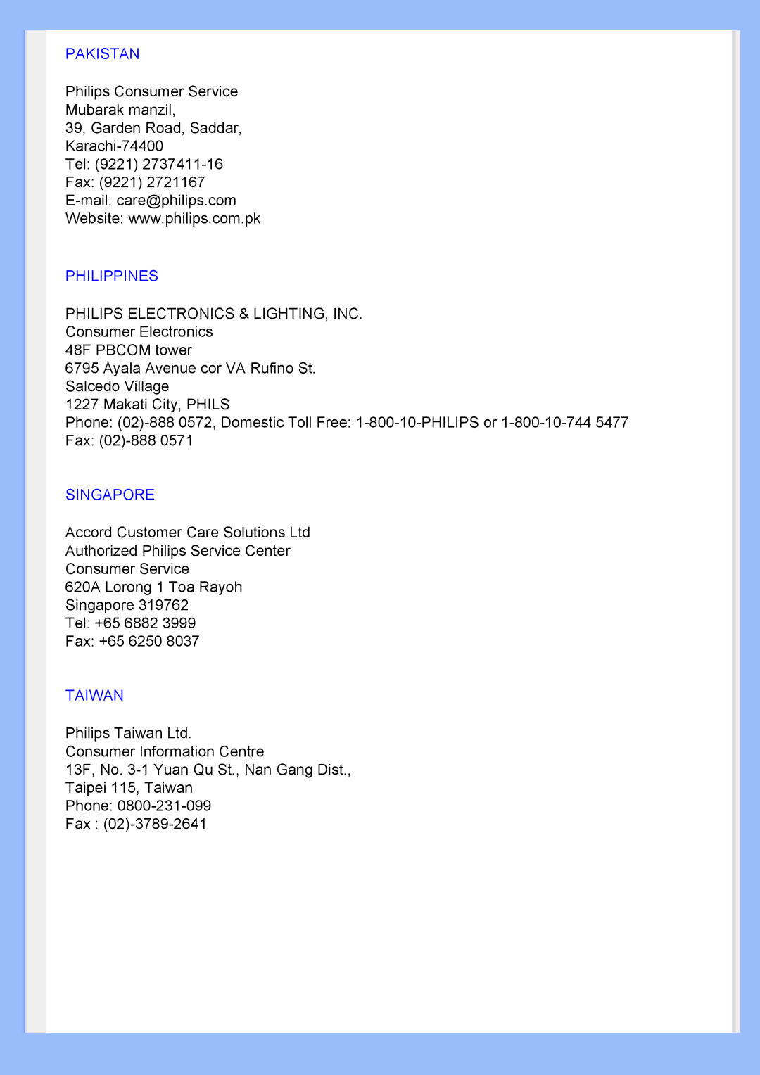 Philips 200BW user manual Pakistan 