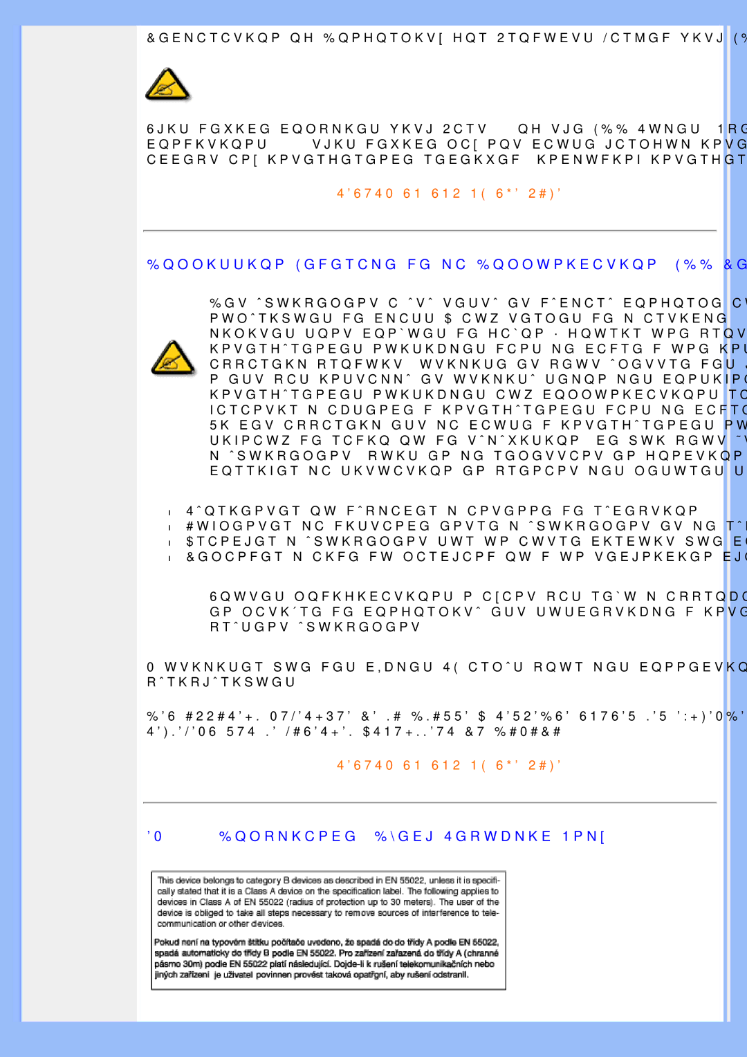 Philips 200BW8 user manual Commission Federale de la Communication FCC Declaration, EN 55022 Compliance Czech Republic Only 