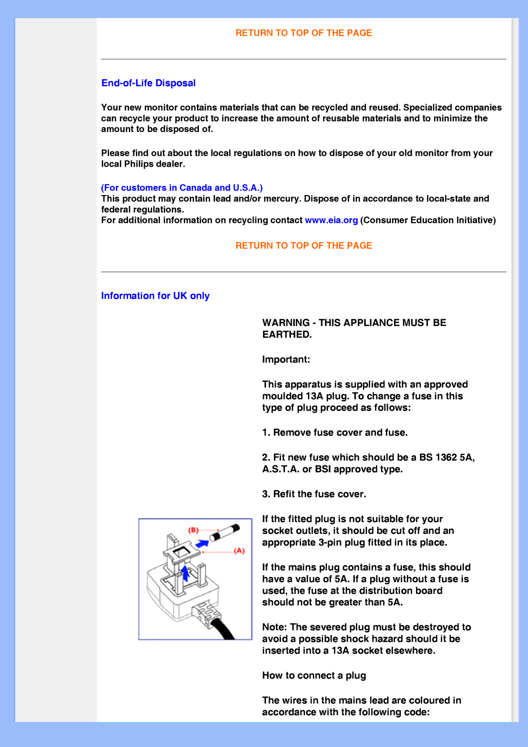 Philips 200BW8 user manual End-of-Life Disposal, Information for UK only 