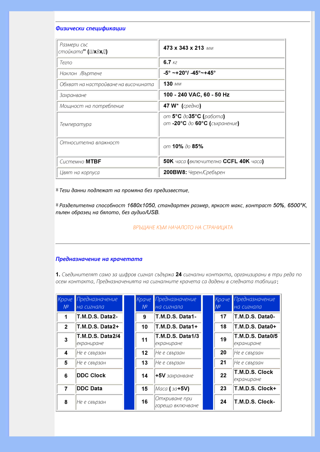 Philips 200BW8 user manual Физически спецификации, Предназначение на крачетата 