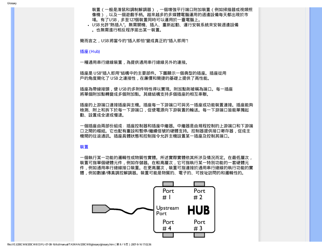 Philips 200CW8 user manual 簡而言之，Usb 將當今的插入即怕變成真正的插入即用, 插座 Hub, 一種通用串行總線裝置，為提供通用串行總線另外的連接。 