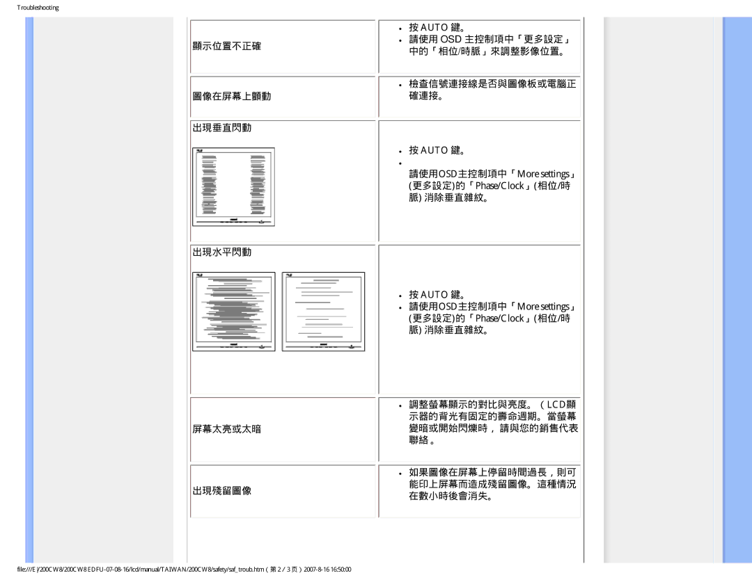 Philips 200CW8 user manual 請使用OSD主控制項中「More settings」 更多設定的「Phase/Clock」相位/時 脈 消除垂直雜紋。 