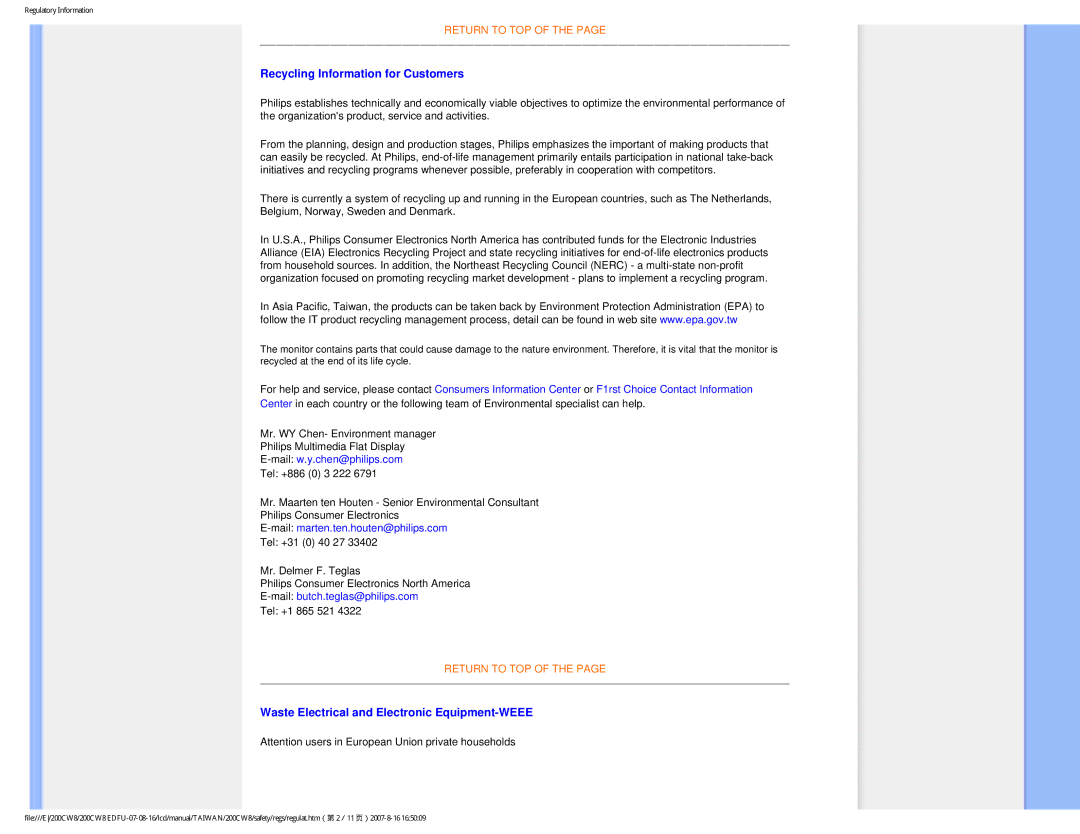 Philips 200CW8 user manual Recycling Information for Customers, Waste Electrical and Electronic Equipment-WEEE 