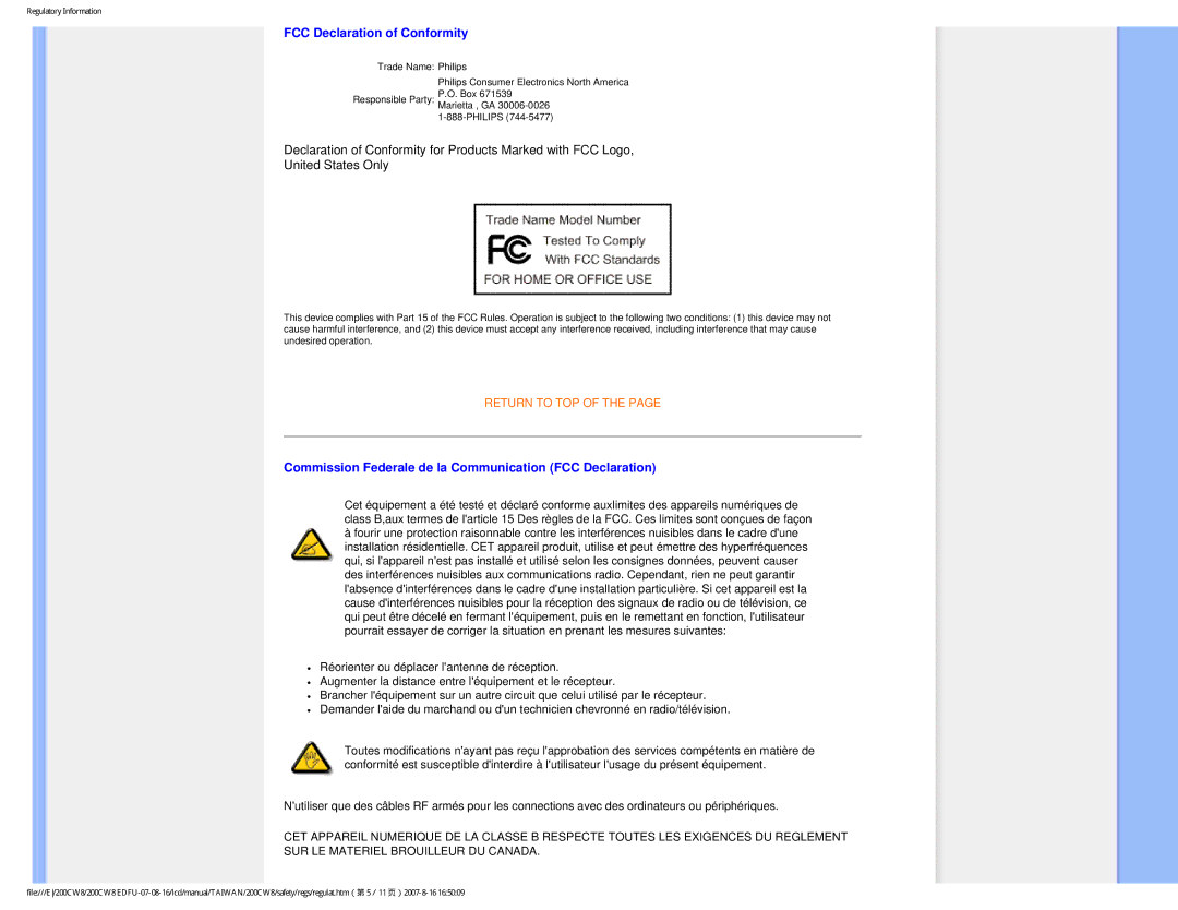 Philips 200CW8 user manual FCC Declaration of Conformity, Commission Federale de la Communication FCC Declaration 