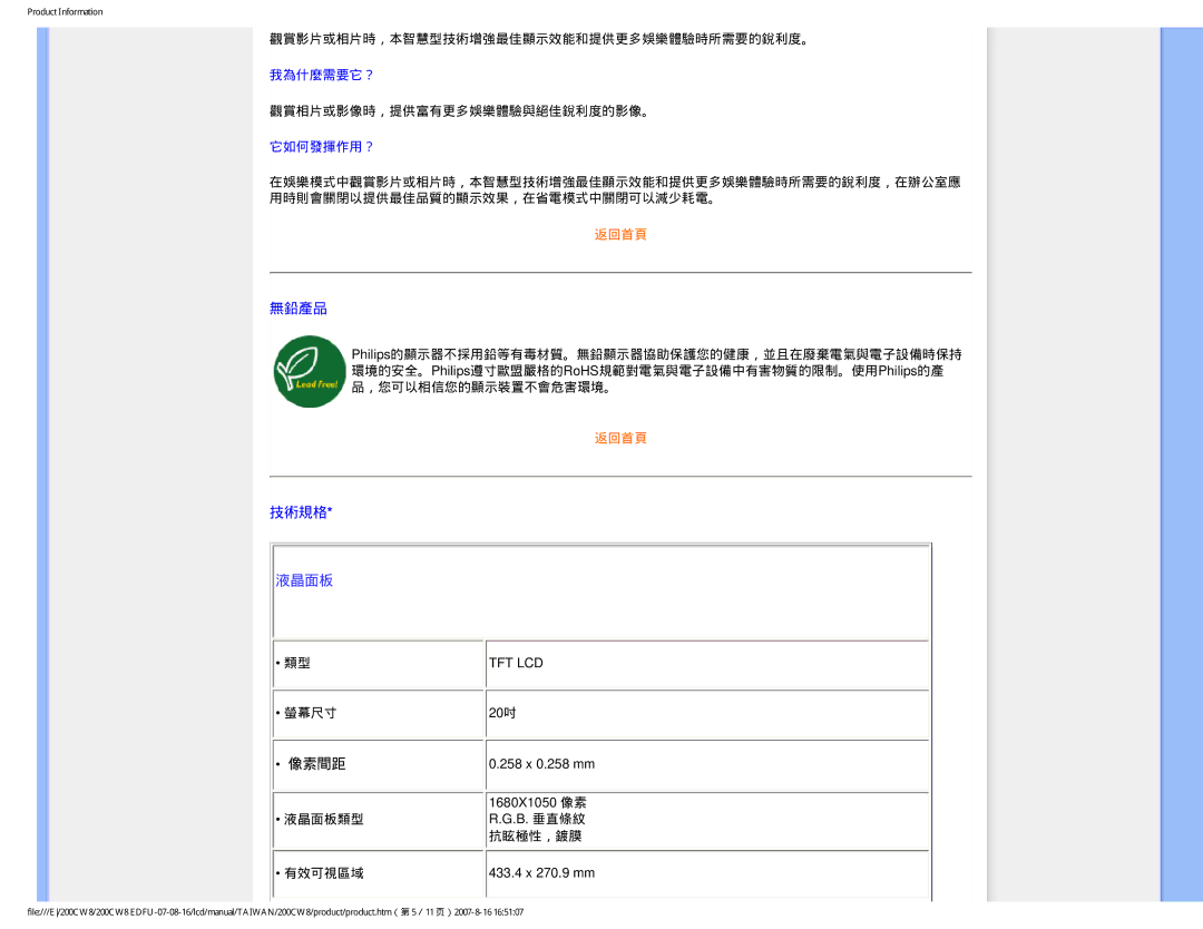 Philips 200CW8 user manual 液晶面板 