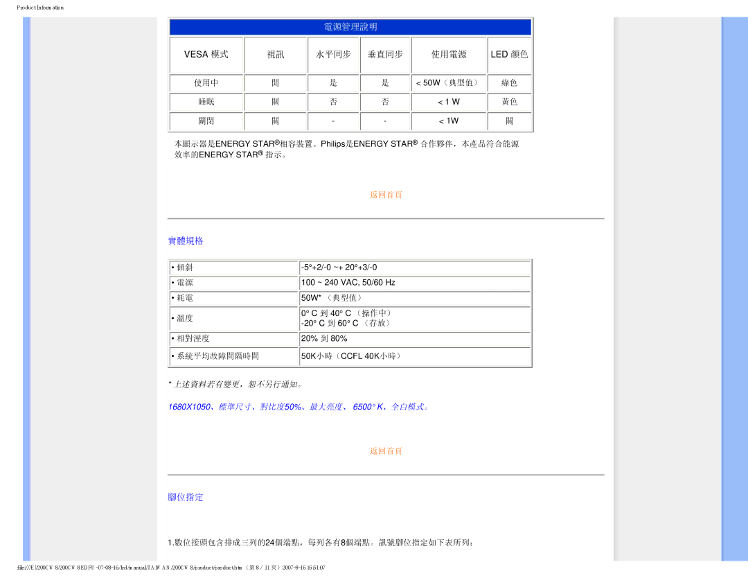 Philips 200CW8 user manual 電源管理說明 