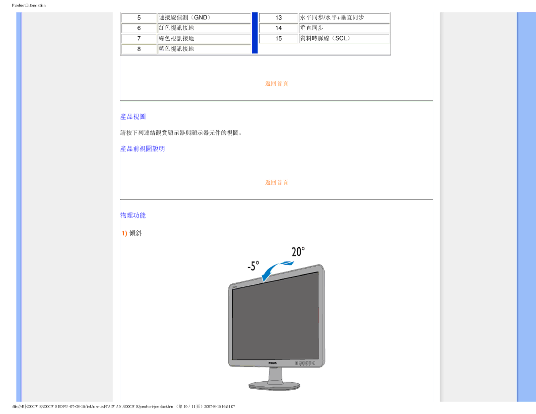 Philips 200CW8 user manual 產品視圖 