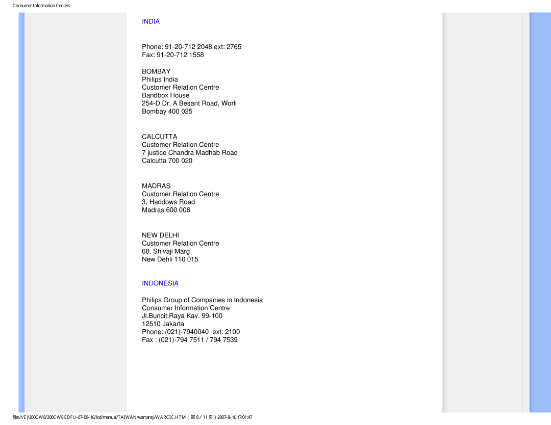 Philips 200CW8 user manual India, Indonesia 